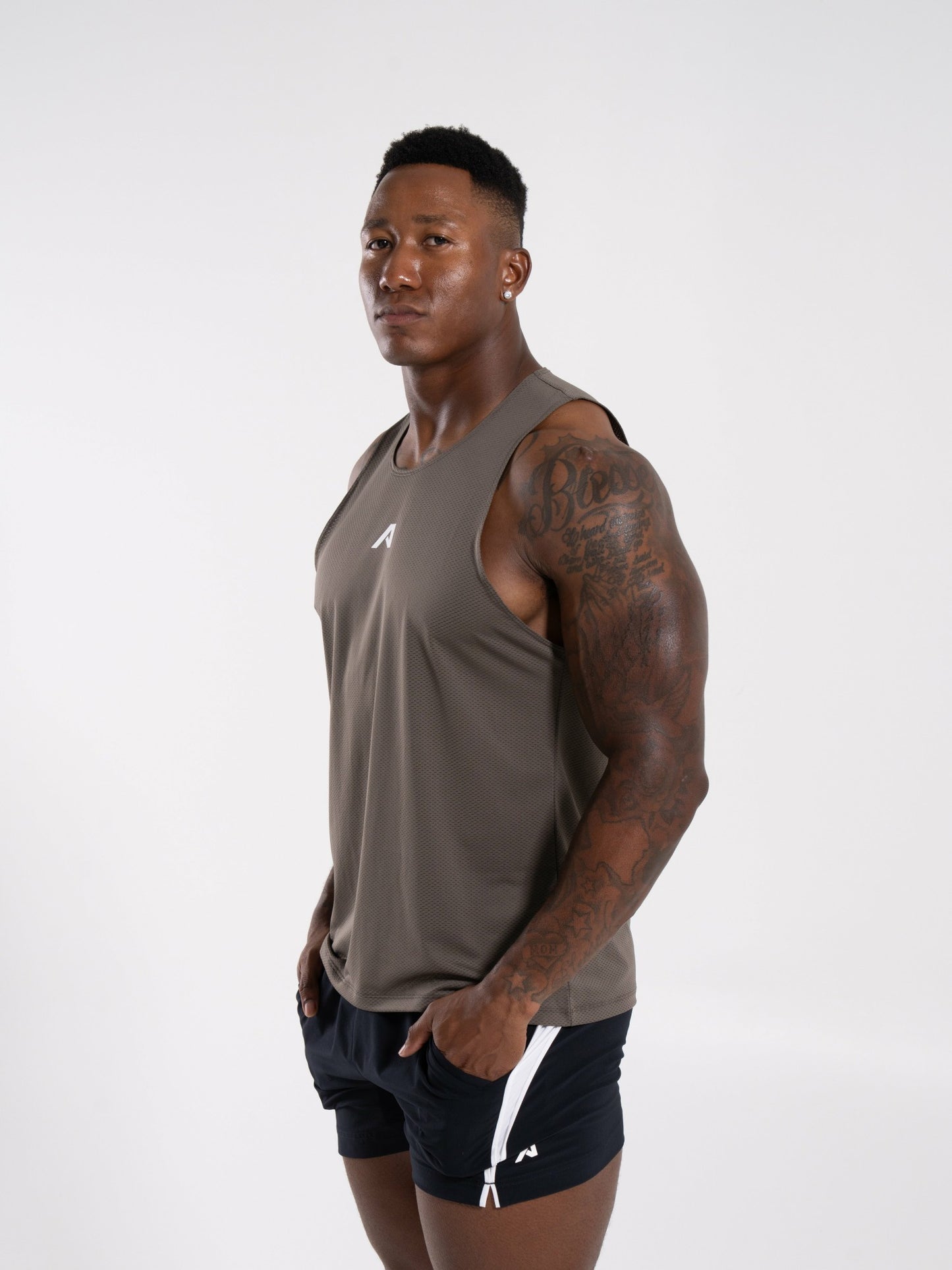 Base Cutoff - Khaki - Mens Workout Tee | Alphalete