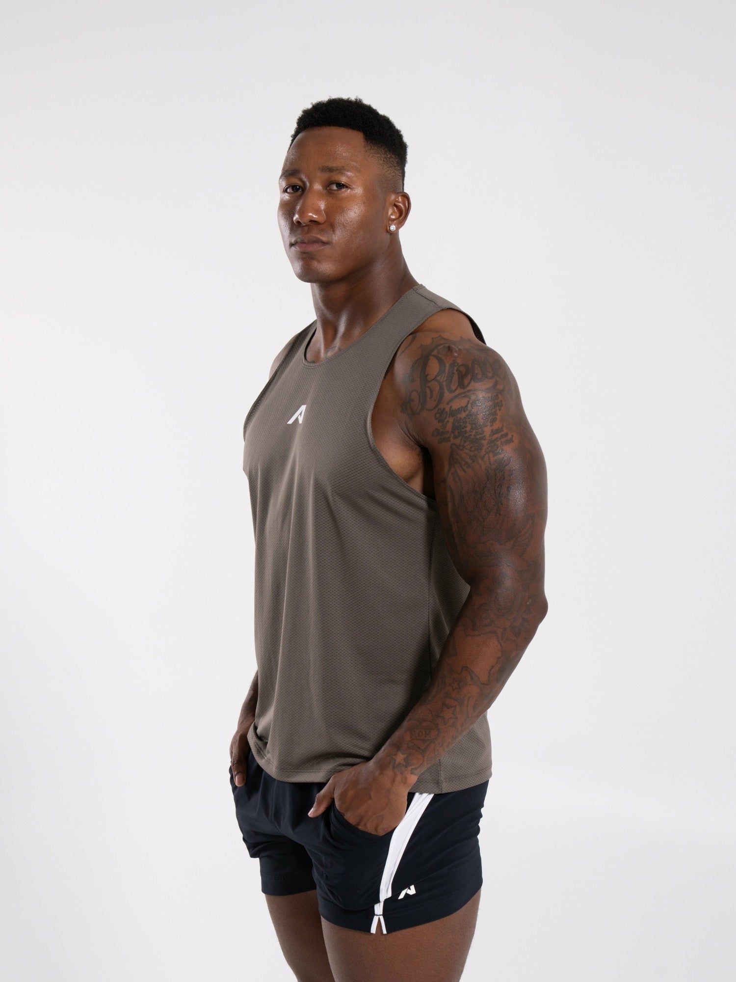 Base Cutoff - Khaki - Mens Workout Tee | Alphalete